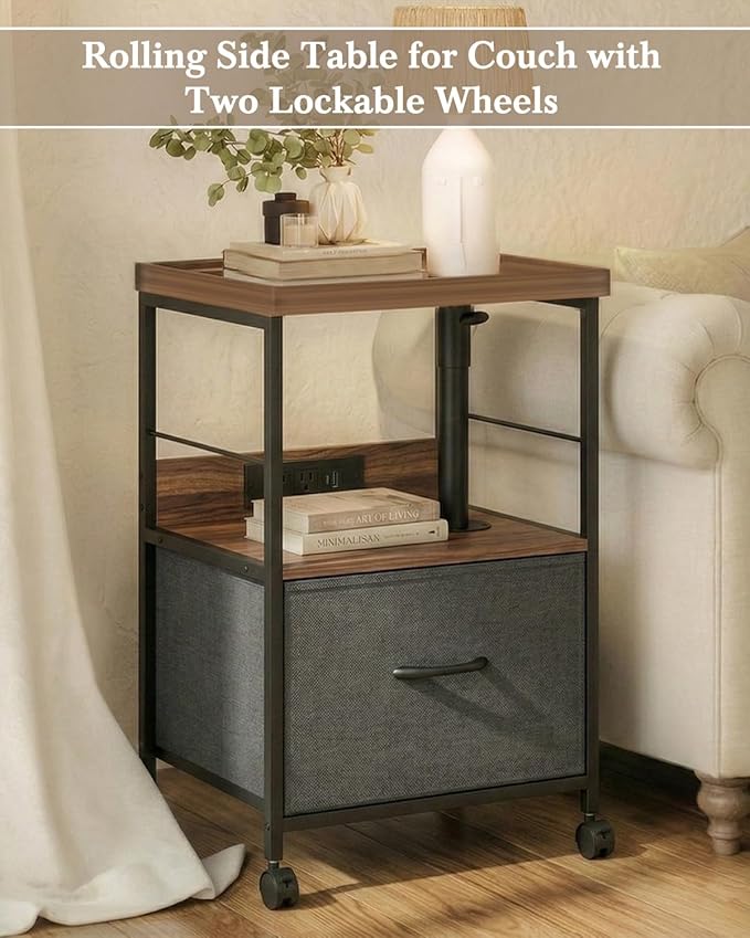 Swivel Lift Top Nightstand with Charging Station, Vacuum Forming Adjustable Bedside Table, Rolling Night Stand with Wheels, Small End Table with Fabric Drawer, for Bedroom, Living Room, Walnut Gray