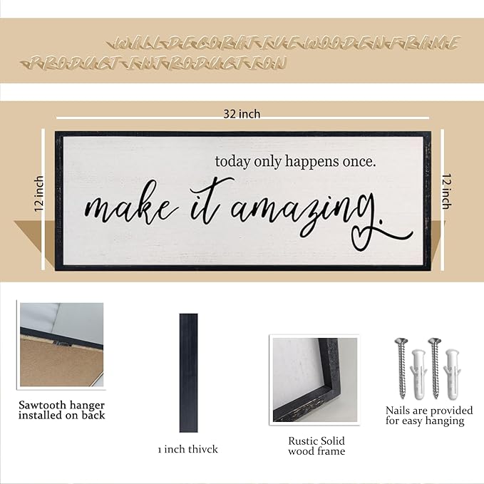 comurdyo Today Only Happens Once Make It Amazing Wall Art Decor 32x12 Inch Inspirational Motivational Quote Wall Sign (Black)