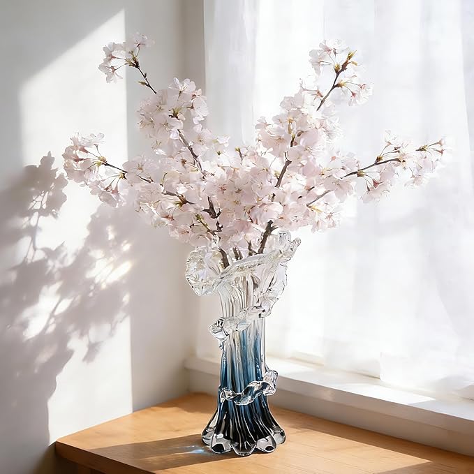 Hand Blown Blue Glass Vase, Unique Art Beautiful Ocean Glass Vase for Home Centerpiece, Coffee Table, Living Room, Office Decor - 9.8" H (Medium)