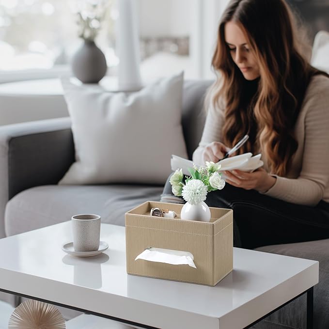 Plus Size Tissue Box Cover Rectangle, PU Leather Tissue Box Holder with Storage Tray, Decorative Organizer Tissue Holder for Bathroom, Bedroom Dresser, Night Stand, Office (Wooden Color)