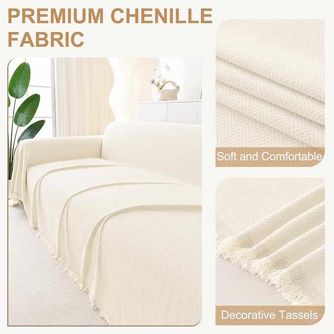 Smiry Couch Cover for Dogs, Washable Chenille Sofa Covers for 3 Cushion Couch, Soft Sofa Slipcover for Pets, Thick Sectional Furniture Protector with Tassels (Beige, 88.5x134 Inch)