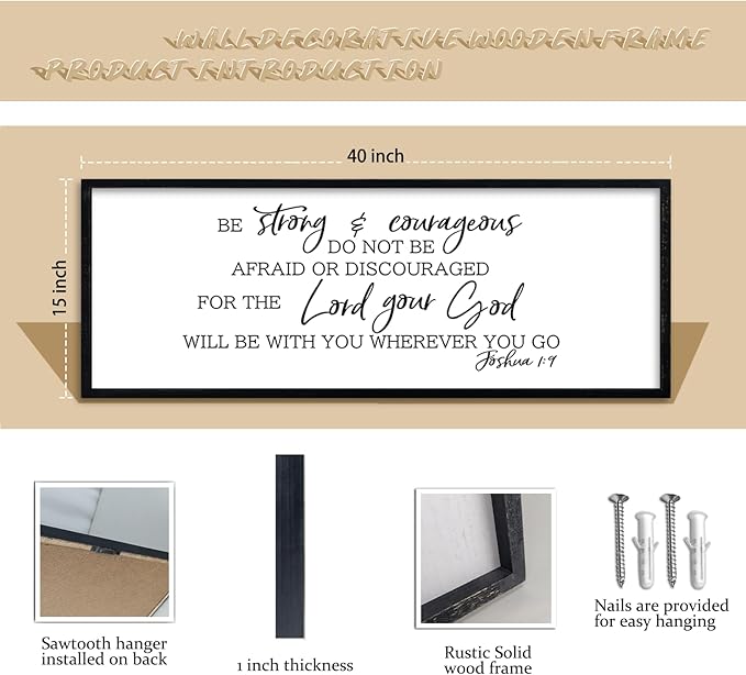 comurdyo Be Strong and Courageous Sign Joshua 1:9 Wall Decor 40"x15" Bible Verse Plaque Christian Faith Inspirational Quote Large Rustic Wooden Wall Hanging Art (Black)