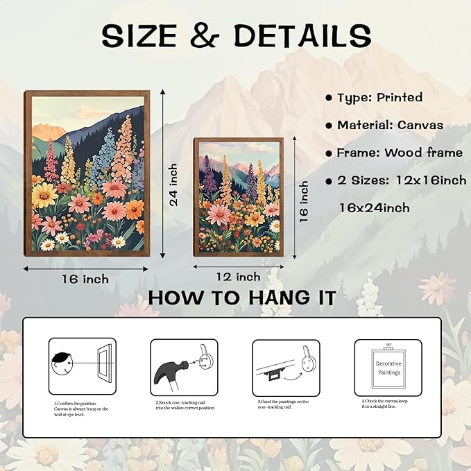 Boho Flower Landscape Wall Art Set of 3, Mountain Wildflower Nature Canvas Prints, Rustic Colorful Daisy Floral Wall Decor for Living Room Bedroom Office Farmhouse Home Decor 24x16In Wood Framed