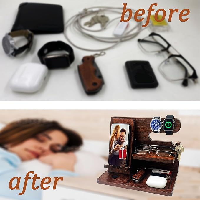 Gifts for Men Boyfriend Him Brother Nightstand Organizer Gifts for Dad from Daughter Son Wood Phone Docking Station Anniversary Birthday Gifts (Walnut)
