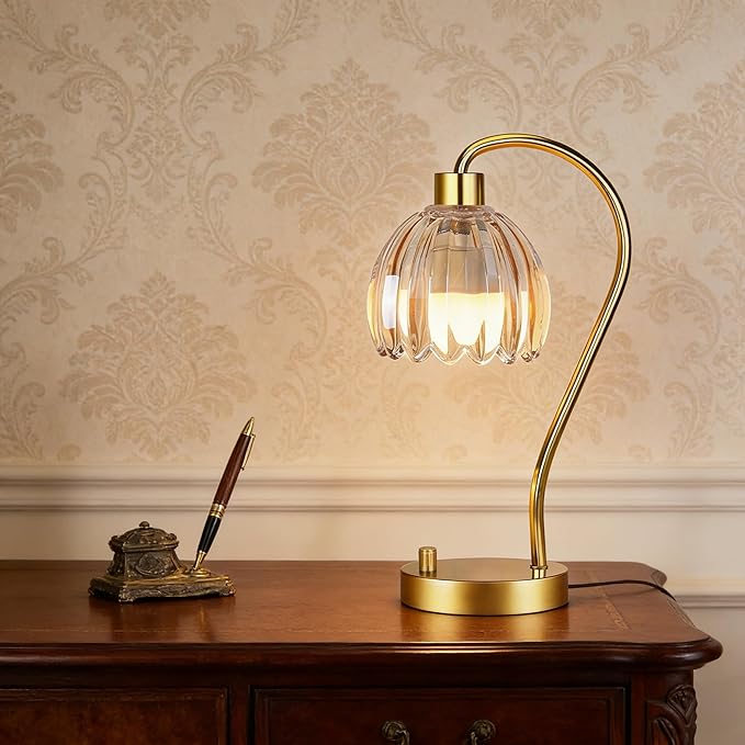 Small Table Lamp Set of 2,Gold Bedside Lamps Dimmable Boho Bedroom Lamp with Glass Tulip Flower Amber Lamp Shade,Vintage Mid Century Modern Mini Nightstand Lamp for Bedroom Living Room