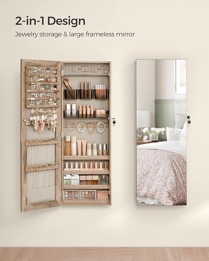 SONGMICS Mirror Jewelry Cabinet Armoire, Wall or Door Mounted Jewelry Storage Organizer, Hanging Lockable Frameless Mirror Cabinet with 2 Cosmetic Organizers, Gift Idea, Toasted Oak Color UJJC001N01