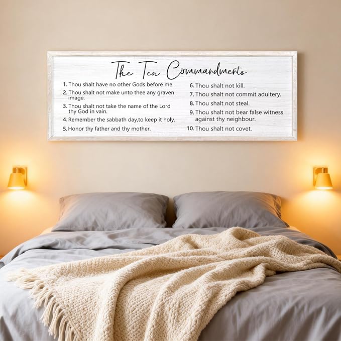 The Ten Commandments Rustic Bible Verse Framed Wall Art, 40''×15'' Positive Religious Christian Saying Sign for God Jesus Christ Prayer, Vintage Horizontal Holy Inspirational Catholic Scripture Decor