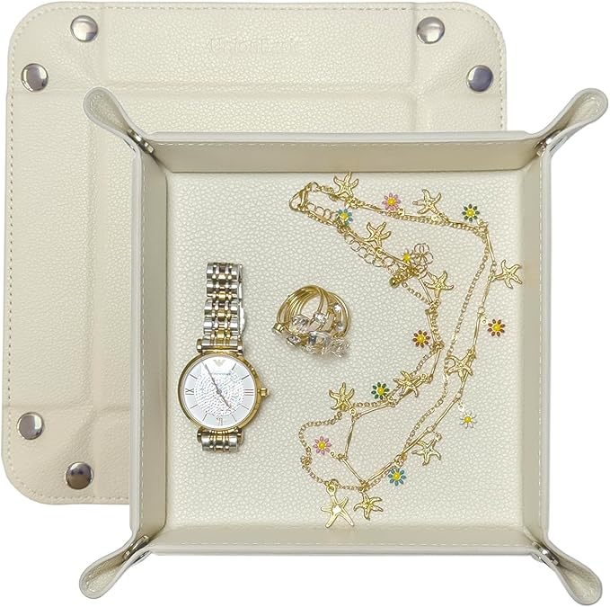 UnionBasic Valet Tray, Jewelry Tray for Rings Watches Earrings, Entryway Catchall Caddy for Coins Keys Change, Nightstand Organizer Bedside Valet Holder, Trays for Electronic Gadgets, Lychee Beige