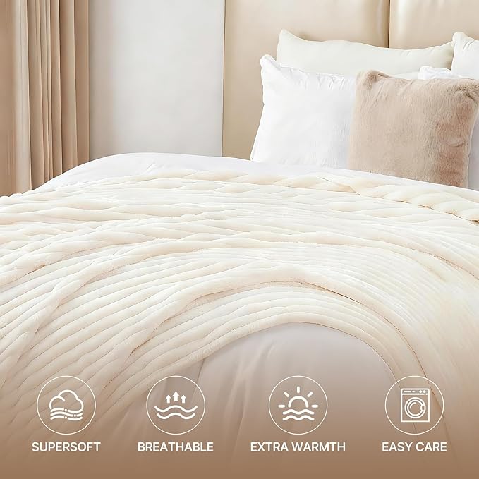Nookly Cream Fleece Blanke Queen Size, Soft Lightweight Ribbed Plush Bed Blanket, Cozy All-Season Striped Fleece for Bedroom and Home Décor, 90x90 Inches