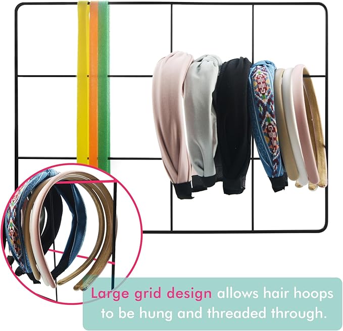 Adhesive Claw Clip Holder - 1Pack Metal Grid Construction Wall Hanging Display Organizer for Pins Hairbands Headbands Hair Accessories Hanger for Women Girls Closet Vanity Room Bedside Storage (Black)