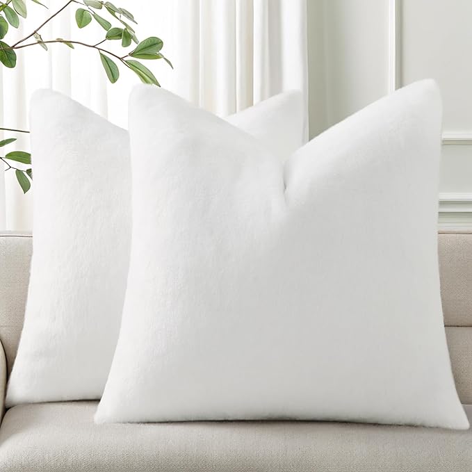 Pallene Faux Fur Plush Spring Throw Pillow Covers 16x16 Set of 2, Soft Fluffy Couch Pillow Covers for Living Room, White