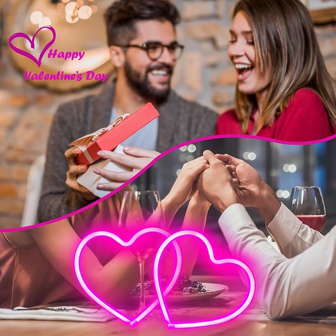 2-Pack Pink Heart Neon Sign, Neon Heart Lights Battery Operated or USB Powered For Valentines Day Decorations, LED Valentines Lights for Wedding Proposal Anniversary Mothers Day Girls’ Bedroom Decor
