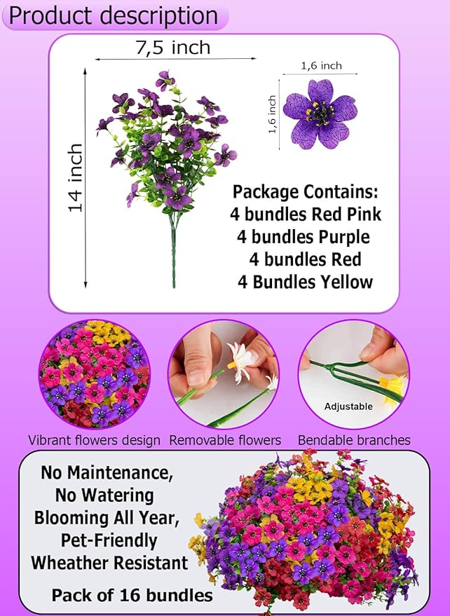 Artificial Flowers for Outdoors Fake Plants - 16 Bundles Faux Outside Greenery Boxwood UV Resistant Plastic Shrubs Decor (Mixed)