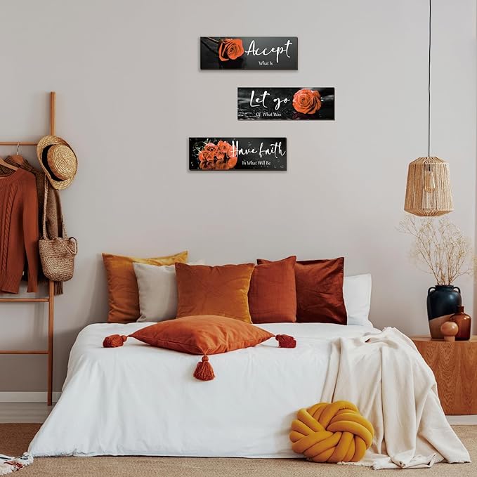 3 Pcs Orange Bathroom Decor Inspirational Orange Wall Decor Wooden Orange Rose Farmhouse Wall Art With Accept Let Go Have Faith Quotes For Girl Women Bedroom Office Living Room(yellow 12 X 4 Inch)