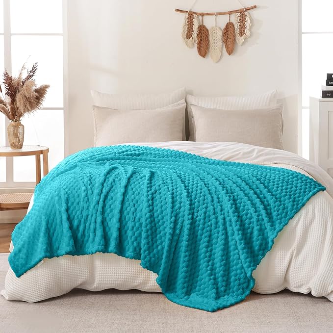 Bnuitland Soft Flannel Throw Blanket(50X70 inches), 3D Jacquard Fluffy Lightweight Fleece Blanket for Couch,Sofa,Bed, 300 GSM Super Cozy Warm for All Season Home Decor,Teal Blue