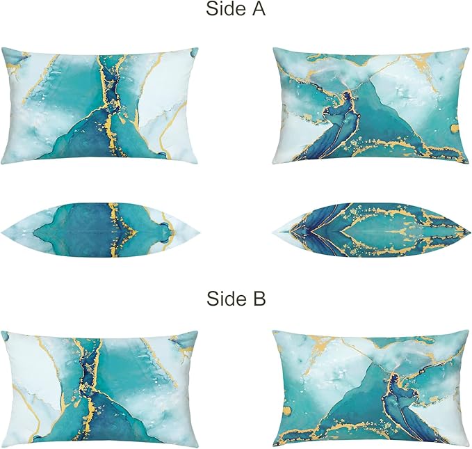 Bonhause Turquoise Marble Lumbar Pillow Covers 12 x 20 Inch Two-Sided Teal Gold Abstract Art Modern Decorative Pillow Cases for Couch Sofa Bed Home Patio Decor Set of 2