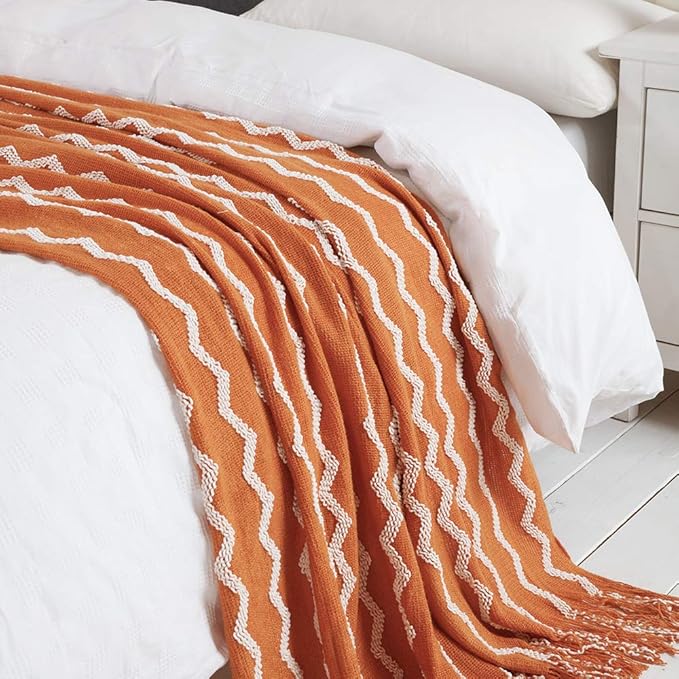BOURINA Fluffy Chenille Knitted Fringe Throw Blanket Lightweight Soft Cozy for Bed Sofa Chair Throw Blankets, Orange 60"x80"