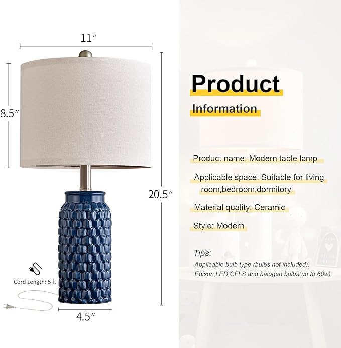 20.5" Small Bedside Lamps Set of 2 with 5FT Cord, Blue Ceramic Modern Farmhouse Table Lamps for Nightstand, Living Room, Bedroom, 3D Honeycomb Stylish End Table Lamps(Bulb Not Included)