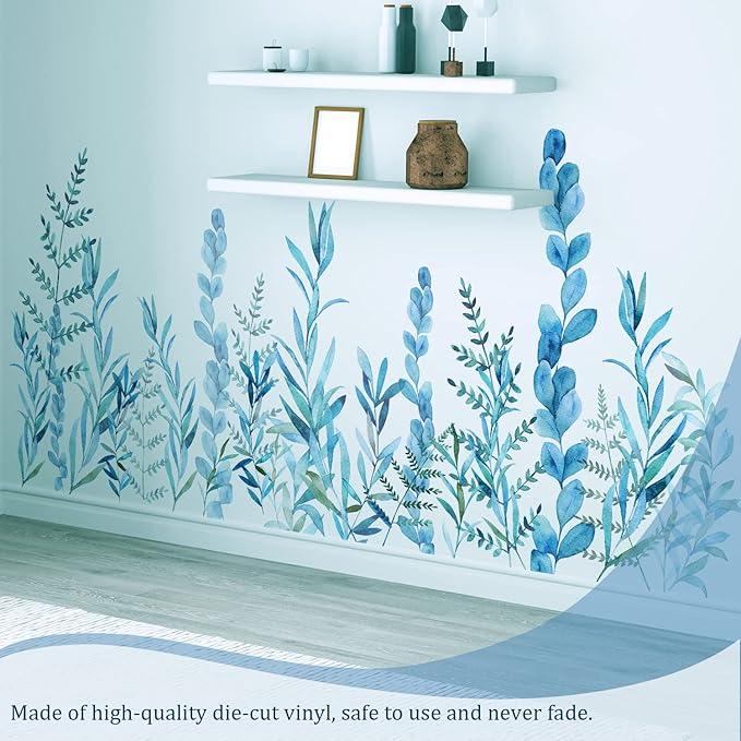 Blue Hanging String of Willow Wall Decals Peel and Stick, Large Plants Vinyl Wall Stickers, Removable Vine Home Decor Art for Bedroom Living Room Classroom Office