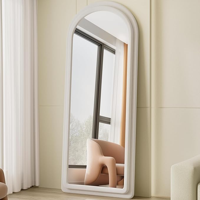 Floor Mirror, Full Length Mirror with Stand, 63"x24" Freestanding Arched Mirror Full Length Hanging or Leaning, Wall Mounted Mirrors with Flannel Frame, Large Mirrors for Bedroom (White)