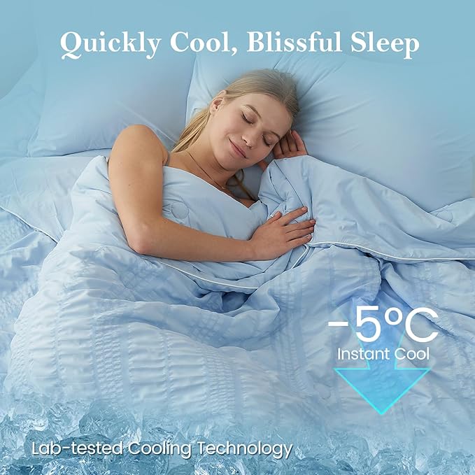 Cozy Bliss Seersucker Cooling Comforter Twin Size, Q-Max 0.45 Reversible Lightweight Cooling Blanket, Breathable Silk Smooth Summer Bedding Quilt for Hot Sleepers Night Sweats Cold Blue
