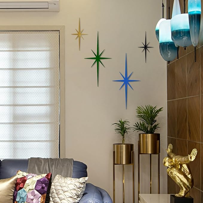 sxnzequnze 4 Pack Metal Star Wall Art 8 Pointed Starburst Wall Decor Set with 2 Large & 2 Small Pieces Mid Century Celestial Metal Wall Sculpture for Bedroom Living Room Office Gallery Wall