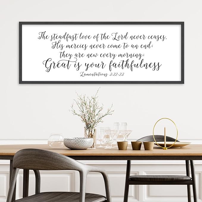 The Steadfast Love of The Lord Wall Decor 32"×12" Lamentations 3:22–23 reat Is Thy Faithfulness Sign Bible Verse Scripture Large Christian Religious Wall Hanging Art (Black)