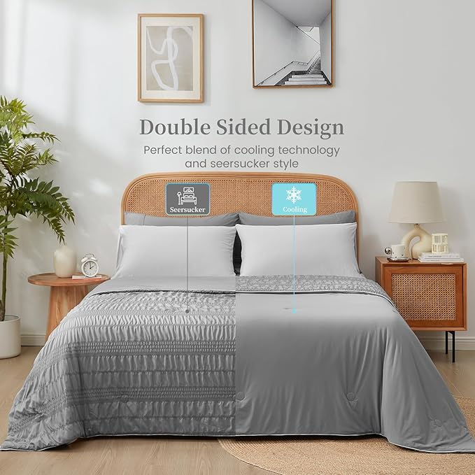 Cozy Bliss Seersucker Cooling Comforter Twin Size, Q-Max 0.45 Reversible Lightweight Cooling Throw Blanket, Breathable Silk Smooth Summer Bedding Quilt for Hot Sleepers Night Sweats Dark Grey