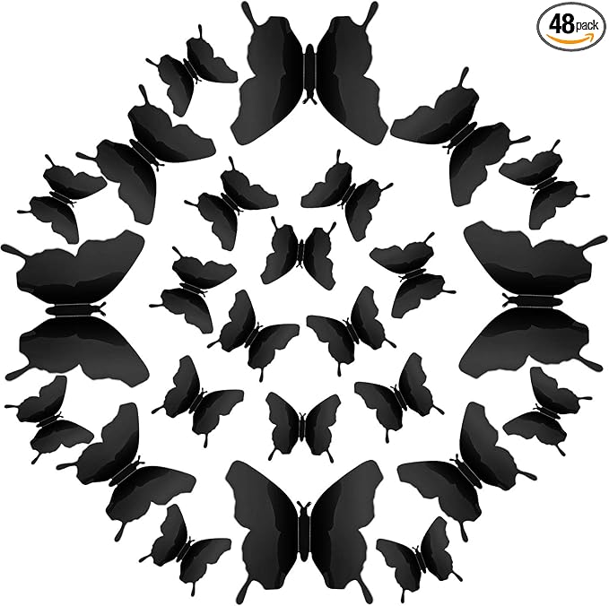 BBTO 48 Pieces Butterfly Wall Decor DIY 3D Mirror Butterfly Stickers Removable Decals Crafts for Birthday Party Bedroom School Bathroom Living Room Decor(Black)