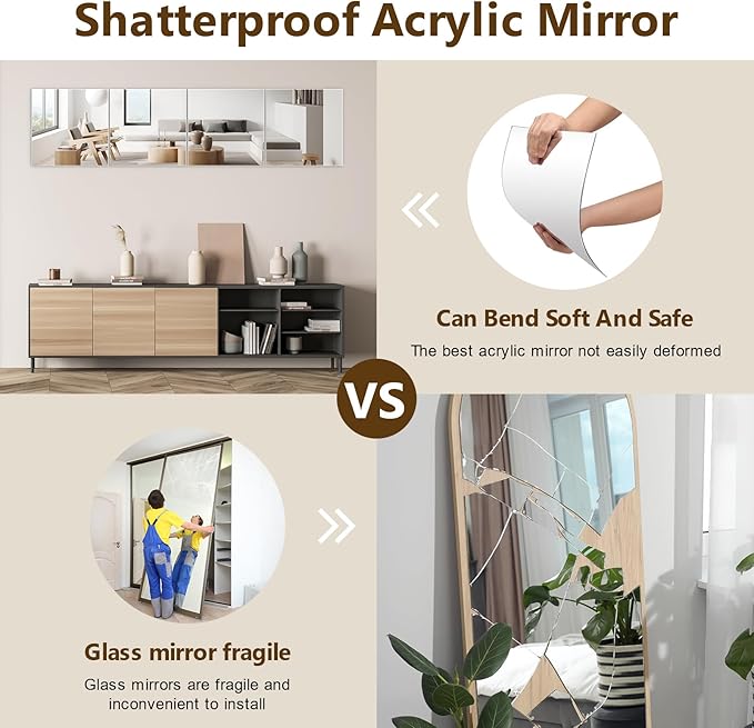 4 Pack Wall Mirror Full Length, 12 x 12 Inch Acrylic Mirror Tiles, Shatterproof Flexible Plastic Mirror Sheets for Bedroom Home Gym Door