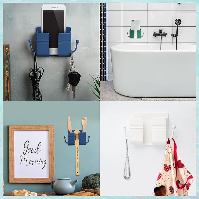 Jetec 6 Pcs Wall Mount Phone Holder Self-Adhesive Wall Beside Organizer Storage Box Plastic Charging Phone Stand Remote Brackets Holder for Bedroom(White, Yellow, Green, Pink, Blue)