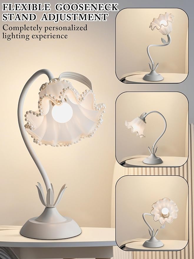 Flower Table Lamp,LED Reading Light Bedside Vintage Flower Night Light,3 Colors Modes Kawaii Bedside Lamps Decor,Living Room Bedroom Room Lighting Table Lamps Home Decoration (White Pearls)