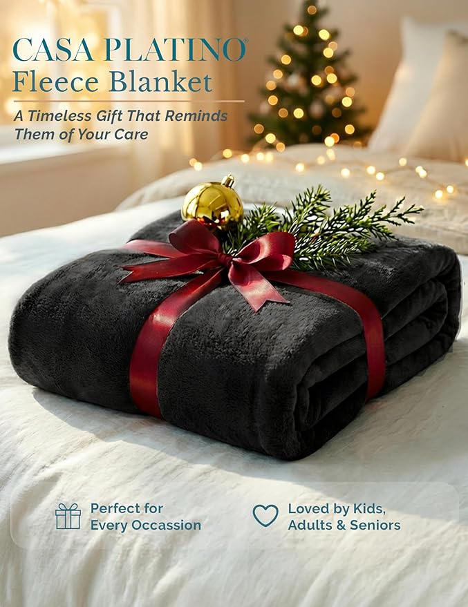 Casa Platino Fleece Throw Blankets – 300 GSM Black – Soft Cozy Warm Holiday Throws for Winter, Fuzzy Plush Elegant Gifts for Kids, Men & Women - Ideal for Couch, Sofa, Chair or Bed - 50x60 Inch