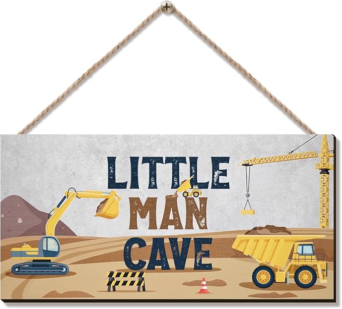 ZIEYOMI- Little Man Cave Sign Boys Room Decor, Construction Bedroom Decor Hanging Wall Art, Wooden Plaque Decorations for Nursery Boys Kids Toddler Playroom Living Room