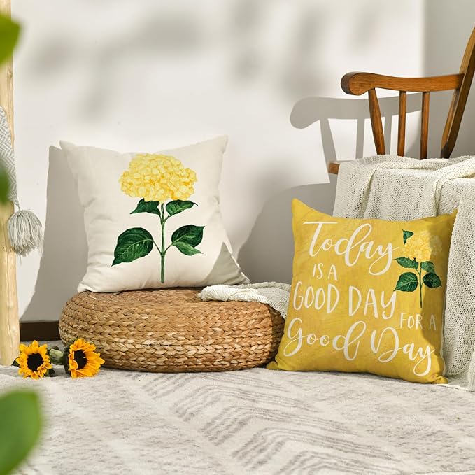 AVOIN colorlife Yellow Hydrangea Summer Throw Pillow Covers, 16 x 16 Inch Today is A Good Day Dark Yellow Cushion Case Decoration for Sofa Couch Set of 4