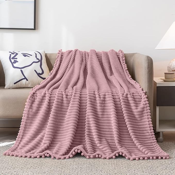 DISSA Fleece Blanket Twin Size – 60x80, Pink - Soft, Plush, Fluffy, Fuzzy, Warm, Cozy – Perfect Throw for Couch, Bed, Sofa - with Pompom Fringe - Flannel Blanket