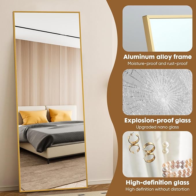 NEWBULIG Full Length Mirror 71.1"x25" for Bedroom, Full Body Mirror with Stand, Hanging or Leaning for Wall, Aluminum Alloy Thin Frame Floor Standing for Living Room, Long, Classical Gold