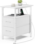 Vagusicc White End Table with Charging Station, Narrow Side Table, 23.8'' Tall Nightstand with 2 Fabric Drawers, Small Sofa Side Table Narrow Nightstand for Small Spaces, Bedroom, Bedsise Table, White