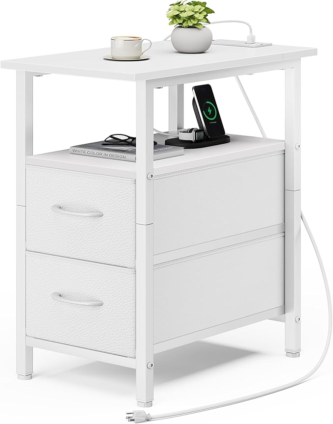 Vagusicc White End Table with Charging Station, Narrow Side Table, 23.8'' Tall Nightstand with 2 Fabric Drawers, Small Sofa Side Table Narrow Nightstand for Small Spaces, Bedroom, Bedsise Table, White