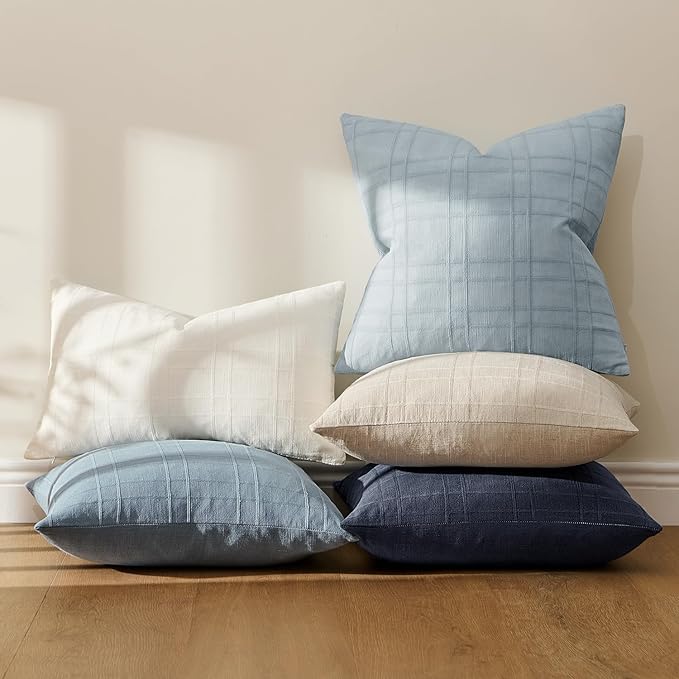 MIULEE Decorative Linen Check Euro Shams Throw Pillow Covers Neutral Farmhouse Vintage Pillow Covers 22x22 Set of 2 Boho Modern Home Decor for Sofa Couch Bedroom Cushion Navy Blue