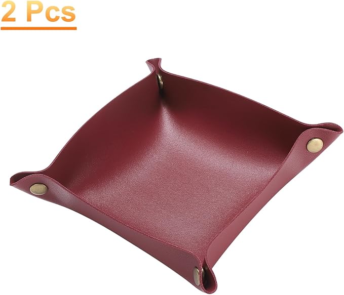 HARFINGTON 2pcs PU Leather Valet Tray Unisex Folding Small Catchall Tray Portable Entryway Table Tray Nightstand Bedside Desk Tray for Key Wallet Watch Coin Jewelry Dice, Wine Red