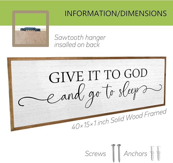 Give It To God And Go To Sleep Wall Decor Sign 40"X15" Master Bedroom Above Bed Wood Framed Large Farmhouse Rustic Over Bed Wall Art Hanging Decoration (Wood)