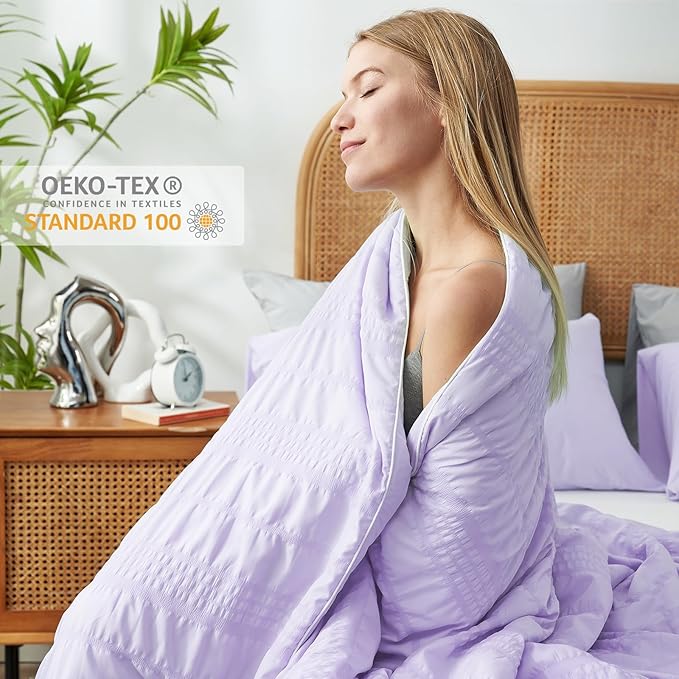Cozy Bliss Seersucker Cooling Comforter Twin Size, Q-Max 0.45 Reversible Lightweight Cooling Blanket, Breathable Silk Smooth Summer Bedding Quilt for Hot Sleepers Night Sweats Purple