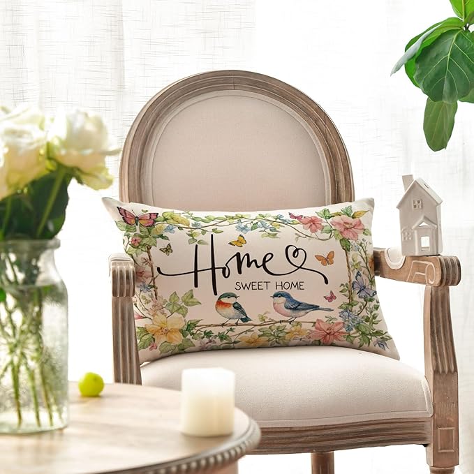 AVOIN colorlife Home Sweet Home Birds Floral Throw Pillow Cover, 12 x 20 Inch Spring Summer Flowers Cushion Case Decoration for Sofa Couch Living Room Bedroom Decor