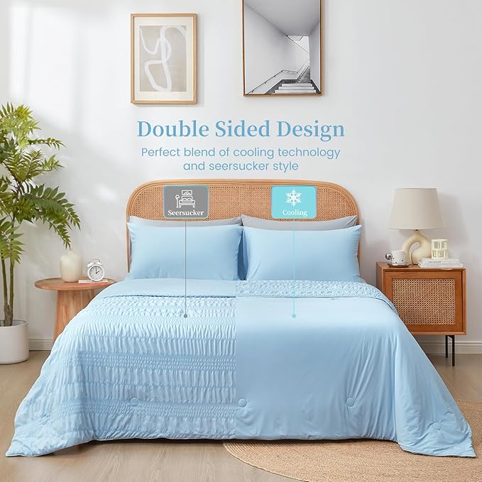 Cozy Bliss Seersucker Cooling Comforter King Size, Q-Max 0.45 Reversible Lightweight Cooling Blanket, Breathable Silk Smooth Summer Bedding Quilt for Hot Sleepers Night Sweats Cold Blue