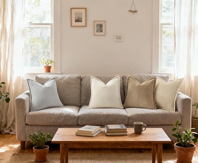 Mecatny Corduroy Throw Pillow Covers 20x20 Set of 2, Neutral Decorative Soft Boho Couch Pillow Covers with Broadside for Sofa Living Room, Beige