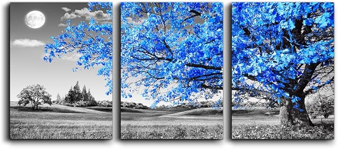 Wall Art For Living Room Black And White Blue Tree Moon Canvas Wall Decor For Home Artwork Huge Painting 20" X 28" 3 Pieces Canvas Print For Bedroom Decor Modern Salon Kitchen Office Hang A Picture