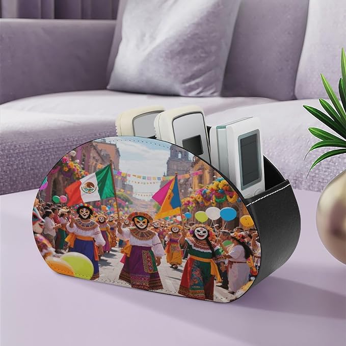 Colorful Mexico Remote Control Holder Organizer Box with 5 Compartment PU Leather Bedside Storage Caddy Remote Organizer for Controller Media Player Pen/Pencil Storage