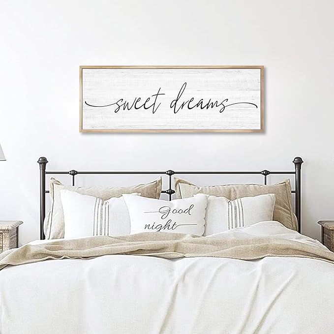 Sweet Dreams Wall Decor Above Bed Large 41''×15'' Farmhouse Wall Decor for Bedroom Guest Room Decor Framed Wood Wall Art Rustic Master Bedroom Wall Decoration 01 (brown frame)