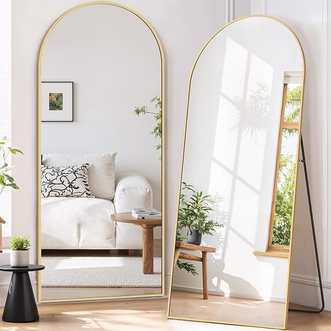 Full Length Mirror 71"x26" Full Body Mirror Arched Free Standing Wall Mounted Leaning Floor Mirrors with Stand Aluminum Alloy Frame for Bedroom Cloakroom, Gold